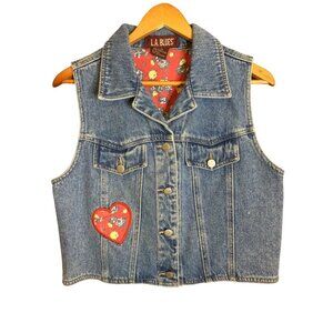 Vintage L.A Blues Women's Heart Detail Denim Vest Flap Detail Collared Blue L